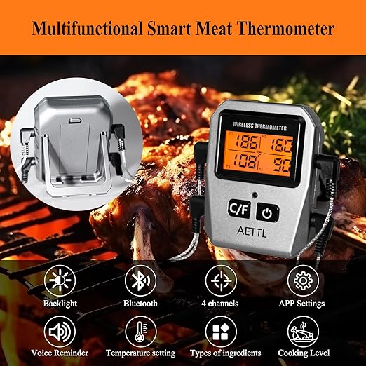 Wireless Digital Meat Thermometer,Instant Read Food Thermometer with LCD Display and 4 Stainless Probes,Advanced Electronic Thermometer Waterproof for BBQ Cooking Kitchen Outside Grill