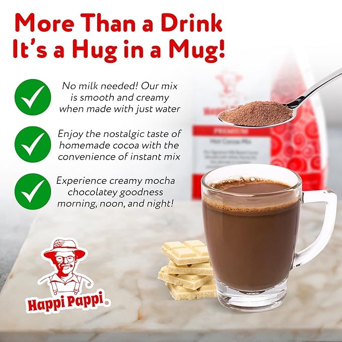 Happi Pappi - Premium Hot Cocoa Mix, Dairy-Based Rich and Creamy Chocolate Powder for Drinks & Baking, Indulgent Cacao Treats for Cozy Nights and Warm Beverages, 16 oz Bag – White Mocha Flavor