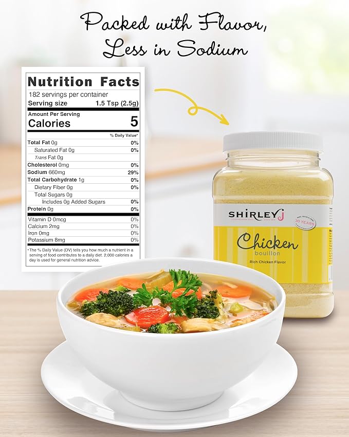 Shirley J Bouillon Powder - Rich, Concentrated, & Less Sodium Chicken Bouillon - Easy to Use Powder for Soup, Stew, Gravy, & More (1 LB, Chicken)