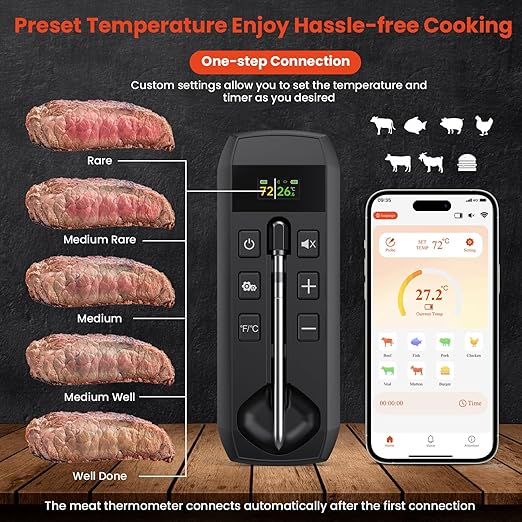 Wireless Meat Thermometer with Wireless Probe, 800Ft Remote Range Food Thermometer with iOS & Android Read App - Preprogrammed Temperatures, LCD Digital Cooking Thermometer for BBQ, Oven, Grill etc.