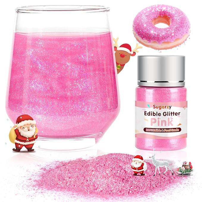 Chirstmas Edible Pink Glitter for Drinks,10g Pink Sprinkles Cake Decorating Supplies,Edible Luster Dust for Cocktail Beverages,Halloween Food Spray,Food Coloring Shimmer Powder for Baking,Cake Cupcakes Cookies Drinks Candy Strawberries Decorations