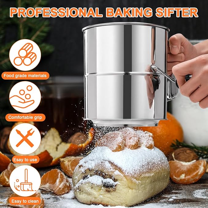 Flour Sifter,5 Cup Stainless Steel Flour Sifters,4 in 1 Baking Sifter Set with Powder Sugar Shaker Duster,Strainers Fine Mesh and Metal Scoop for Baking Cake,Pastries,Pies,Cupcakes,Desserts