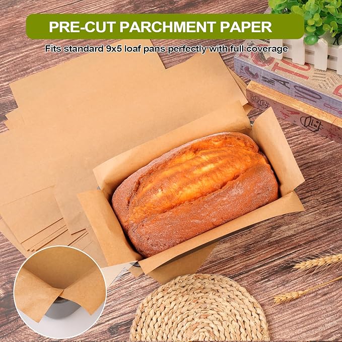 200 Pcs Unbleached Parchment Paper Loaf Pan Liner - Precut 9''x5'' Non-Stick, Fits 8.5''x4.5''/10''x5'' Loaf Pans, Heat-Resistant 430°F BPA-Free Food-Safe for Bread Baking (No Trimming)