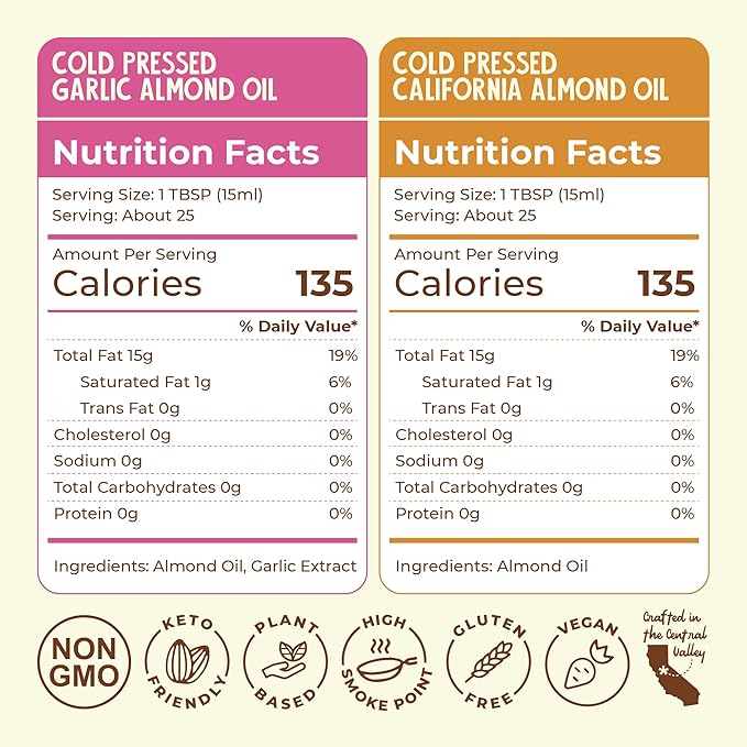 Fresh Vintage Farms Nut Bundle 100% Cold Pressed Almond & Garlic Almond Cooking Oils | Cold Pressed & Nutritious Healthy Oils for Cooking, Baking, Dipping, Salads, & Marinades | 375ml, Pack of 2