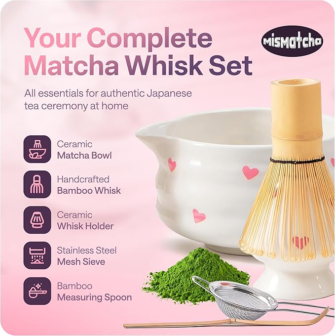 Matcha Whisk Set with Pink Hearts - 6 Piece Ceramic Matcha Set with a Bowl, Whisk, Stand, Spoon and Sifter - Designed in the UK - Gift Set