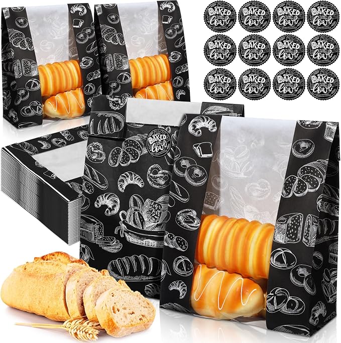 100 Packs Paper Bread Bags for Homemade Bread Sourdough 13.8 x 8.3 x 3.5 Inches Kraft Paper Bakery Bag with Window Label Seal Sticker for Baked Food Packaging Storage(Black)