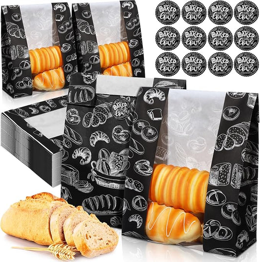100 Packs Paper Bread Bags for Homemade Bread Sourdough 13.8 x 8.3 x 3.5 Inches Kraft Paper Bakery Bag with Window Label Seal Sticker for Baked Food Packaging Storage(Black)