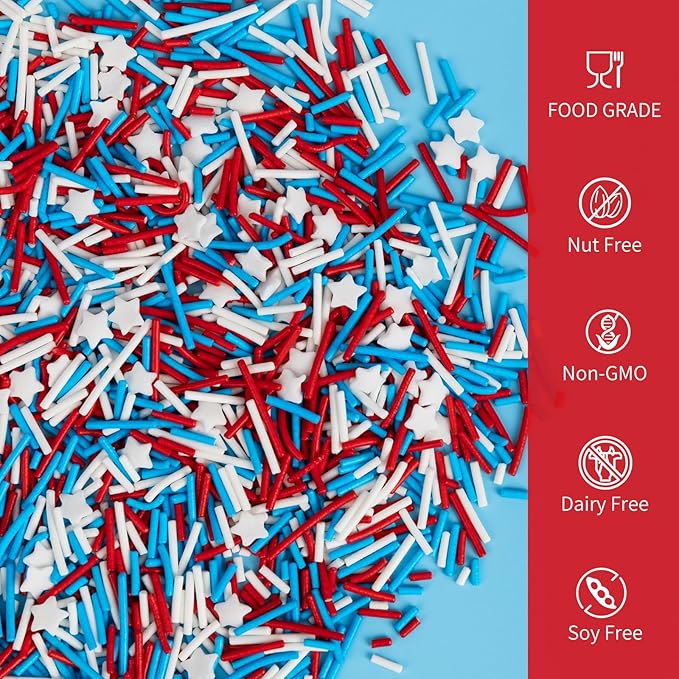 Edible Patriotic Sprinkles for Cake Decorating,Red White and Blue Jimmies Stars Sprinkle Mix, 100g/3.53oz, American Team USA Sprinkles,Baking,Ice Cream,Cookies,Cupcake Topper,Holiday Festival Valentines Christmas Party Decorations