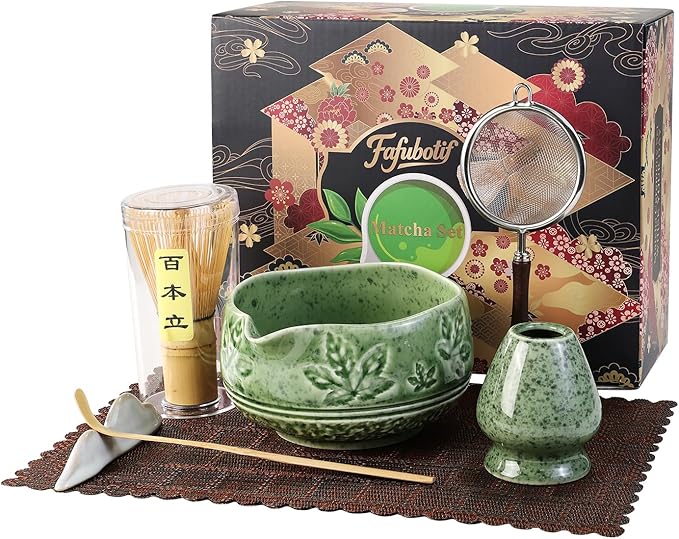 7 Pcs Matcha Whisk Set, Ceremony Matcha Kit with Matcha Bowl, Bamboo Whisk and Holder, Scoop and Scoop Rest, Sifter and Tea Towel, Gift for Matcha Lovers (Mottled Green/Maple Leaf-Patterned)