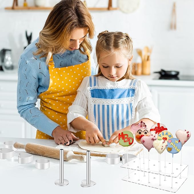12 Pack Stainless Steel Cake Pop Mold Set with Pusher Circle and Heart Shapes Press Cake Pop Cutter Set with 100pcs Lollipop Sticks | Reusable Baking Tools for Home, Party, Birthday Desserts