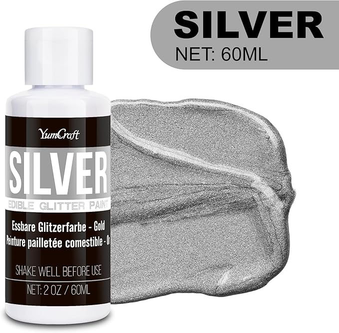 Edible Glitter Paint Silver, Shimmering Liquid Luster Dust for Chocolate, Drinks, Cake, Candy, Sprinkles Cocktail Glitter - Metallic Edible Cake Paint for Cookie, Fondant Vegan Cake Decorating