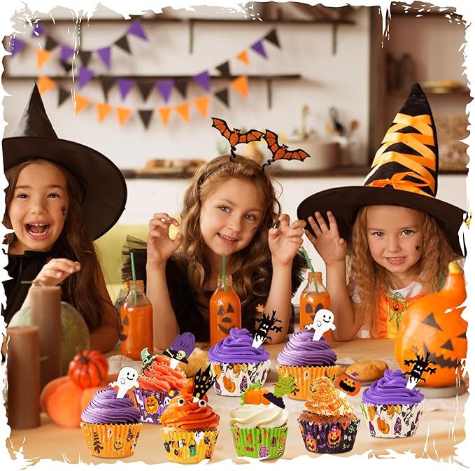 Halloween Cupcake Liners with Toppers Picks, Standard Wrappers Cupcake Disposable Baking Cups Muffin Liners for Halloween Party Decorations Supplies (150 Liners & 150 Toppers)