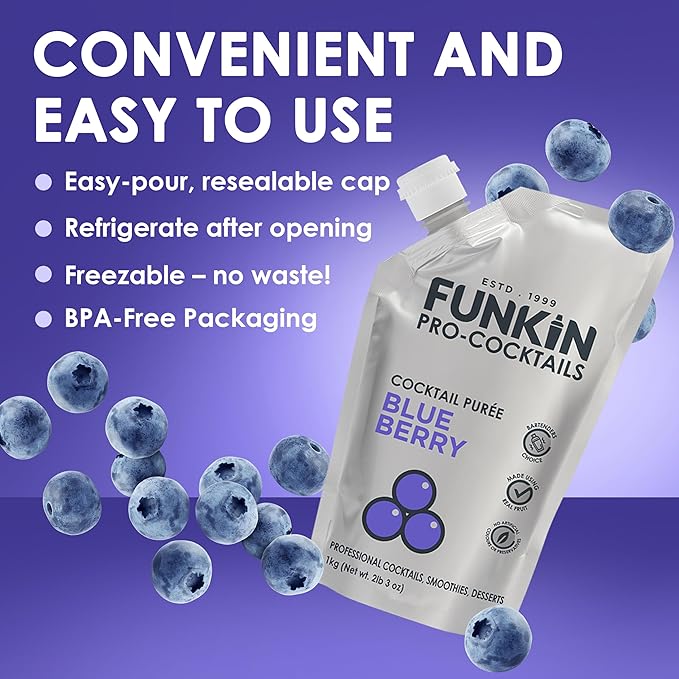 Funkin Fruit Puree | Real Fruit, Simple Ingredient, Natural Mixer for Cocktails, Drinks, Smoothies | Vegan, Non-GMO, Gluten-Free (2.2 lbs) (Blueberry)