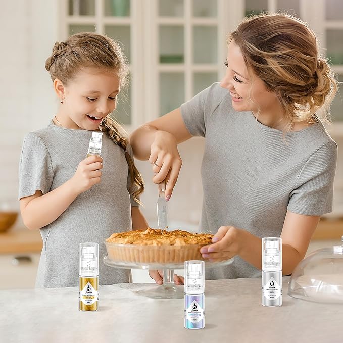 Edible Glitter Spray Set - 3 Colors Iridescent Gold & White Food Grade Shimmer Powder, Metallic Edible Spray Glitter for Cakes, Cookies, Chocolate & Strawberries, 5g/Bottle
