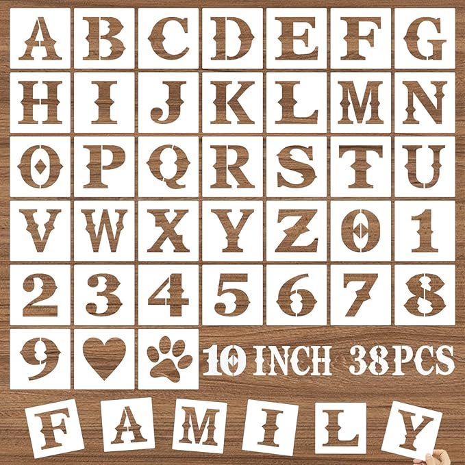 10 Inch Letter Stencils and Numbers, 38 Pcs Alphabet DIY Craft Stencils, Reusable Plastic Drawing Templates for Painting on Wood, Wall, Fabric, Rock, Floor, Signage, Door Porch