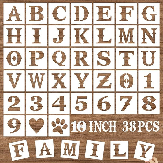 10 Inch Letter Stencils and Numbers, 38 Pcs Alphabet DIY Craft Stencils, Reusable Plastic Drawing Templates for Painting on Wood, Wall, Fabric, Rock, Floor, Signage, Door Porch