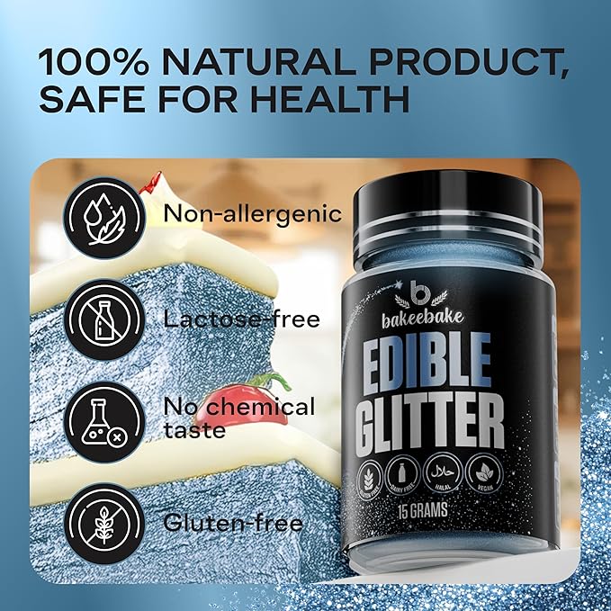 Bakeebake Edible Glitter 15g - Edible Glitter for Drinks & Desserts - Gluten Free Cake Decorating – Tasteless Vegan Drink Cocktails and Parties (Teal Blue, 15 grams)