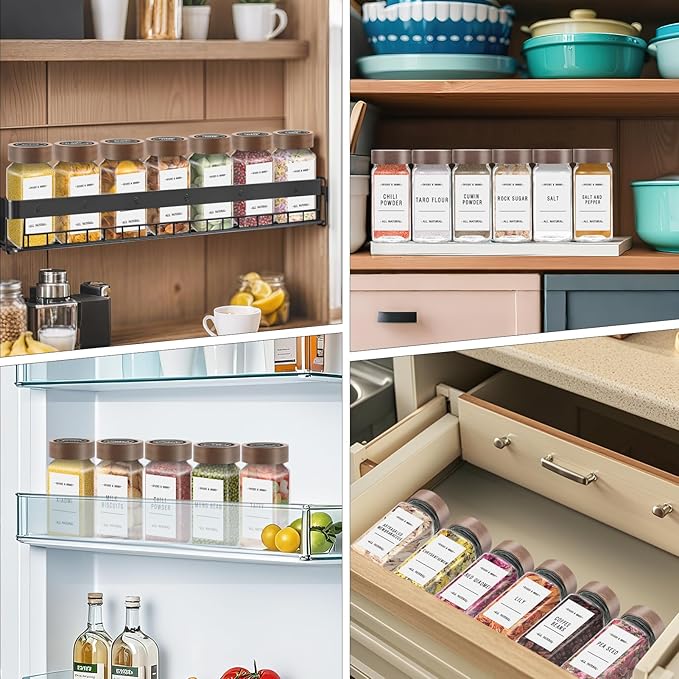 ZEHIQ 12Pcs Glass Spice Jars with Acacia Wood Lids, 4 oz Square Seasoning Containers with Labels, Seasoning Jars with Shaker Lids, Chalk Pen, Funnel, Cleaning Brush, Spice Bottles for Cabinet, Drawer