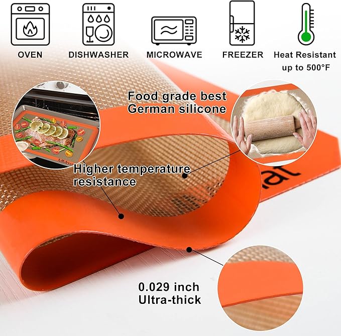 Silicone Baking Mats - Best German Silicone - Non Slip Silicone Baking Sheet, Non Stick Reusable Silicone Mats for Baking, Oven Liner, Counter Mat - 3/4 Sheet Baking Mat for Oven