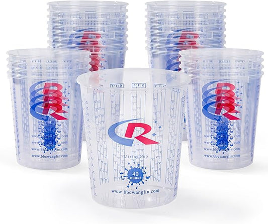 Paint Mixing Cup 40 Ounce, Accurate Measurements in Ratios and OZ. and ML, 100PCS Plastic Graduated Measuring Cups with 12PCS Lids for Paint, Resin, Epoxy, Acrylic, Pigments, Art