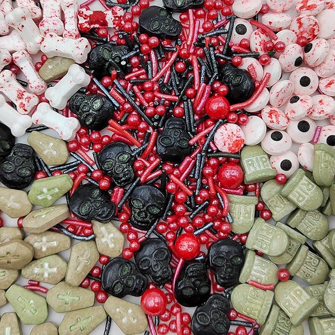 Homankit Halloween Sprinkles for Cake Decorating Edible Eyes Red Black Sprinkles Dog Bones Tombstone Skull Sprinkle Mix Cake Cupcake Toppers Cookie Dessert Decorations 3.2 Ounces