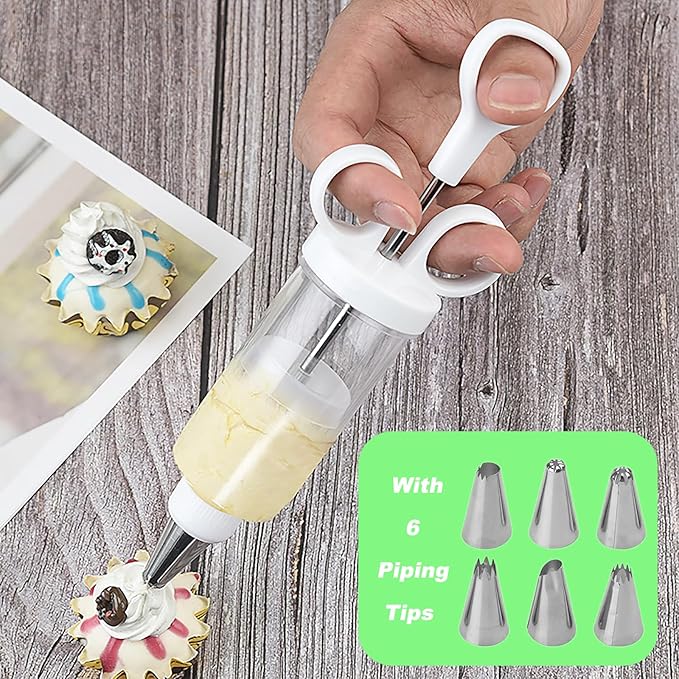 Suuker Cake Decorating Gun, Cupcake Icing Piping Kit, Cake Decorating Kit with 6 Stainless Steel Piping Tips, Cupcake Injector/Decorating Icing Set, White