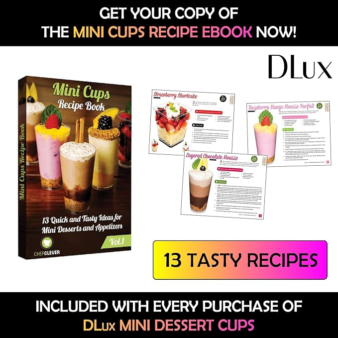 DLux 100 x 3 oz Mini Dessert Cups (no Spoons), Square Tall - Clear Plastic Parfait Appetizer Cup - Small Reusable Serving Bowl for Tasting Party Desserts Appetizers - With Recipe eBook