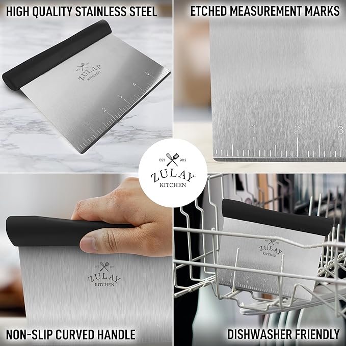 Zulay Premium Multi-purpose Stainless Steel Bench Scraper & Chopper, Easy to Read Etched Markings for Perfect Cuts, Quick & Easy Multi-use Dough Scraper, Dough Cutter & Pastry Scraper (Black)