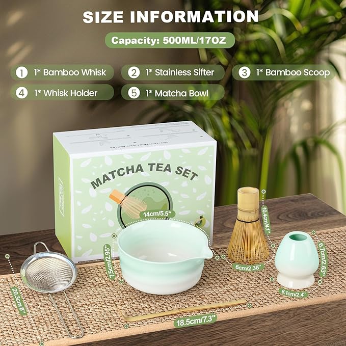Matcha Whisk Set,Ceramic Matcha Kit Set Includes Bowl with Spout, Whisk,Holder,Bamboo Scoop and Sifter,5 pcs Matcha Tea Kit for Matcha Lovers, Ideal Gift Christmas, Birthday (Green gradient)