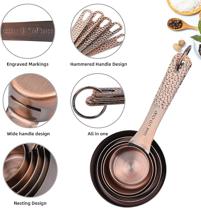 Smithcraft Copper Measuring Cups and Spoons Set for Baking & Kitchen, Stainless Steel Measuring Cups & Spoons Set, 5 Dry Measure Cup and 6 Metric Measure Spoon with1 Measure Ingredient Leveler
