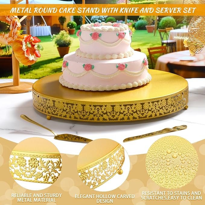 Wenqik 18 Inch Gold Metal Cake Stand Set Round Cupcake Dessert Stand with Cake Cutting & Spatula Candy Table Display for Party Wedding Birthday Baby Shower Housewarming Party Celebration