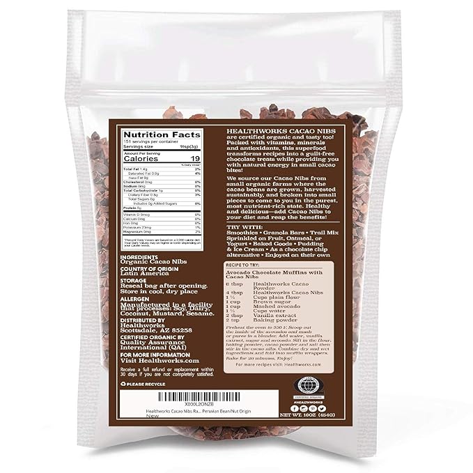 Healthworks Superfoods Cacao Nibs Organic - 16 Oz / 1 Lb - Criollo Bean - Raw Unsweetened Chocolate Substitute - Certified Organic - Keto, Vegan & Non-GMO - Antioxidant