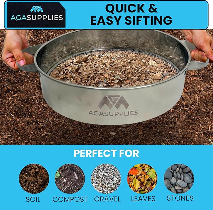 Soil Sifter Set with Handles & 3 Replaceable Mesh Sifters – 30 Cm Stainless Steel Soil Sifter for Gardening, Compost & Bonsai – Large Garden Sifting Tray for Topsoil, Rocks & Sand – Mesh Sieve Set