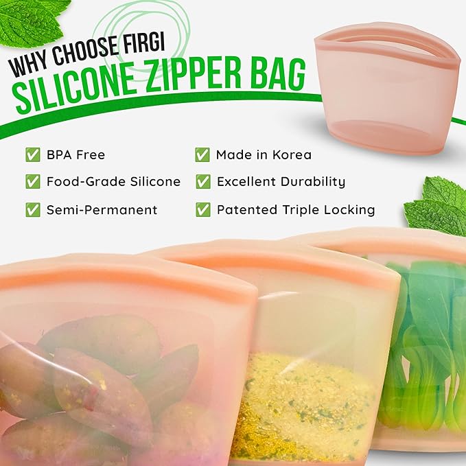 Premium Platinum Silicone Reusable Food Storage Bag 2.1 Cup (17 fl oz), Airtight Zip Lock Bags for Food, BPA-Free Silicone Freezer Bags, Microwave Safe Sous Vide Container, Dry Rose