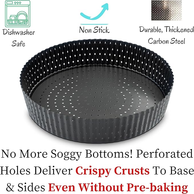 Why Holes: For The Crispiest Crusts. King Crispy's Deep Pie, Tart & Quiche Pan. A Non-Stick, Removable Bottom, Dishwasher Safe, Perforated Pie Pan Baking Plate Dish (9 inch x 2 Deep).