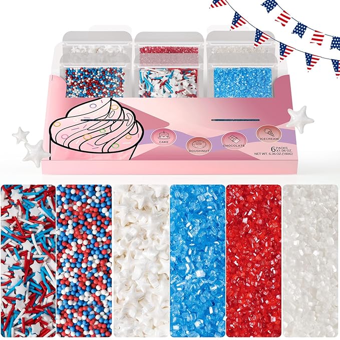 Huebeaty 6-in-1 Red White and Blue Sprinkles - Patriotic 4th of July Star Sprinkles for Cake Decorating & Baking-180g | Sanding Sugar, Nonpareils & Jimmies for Cupcakes, Cookies, Ice Cream