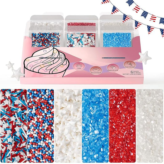 Huebeaty 6-in-1 Red White and Blue Sprinkles - Patriotic 4th of July Star Sprinkles for Cake Decorating & Baking-180g | Sanding Sugar, Nonpareils & Jimmies for Cupcakes, Cookies, Ice Cream