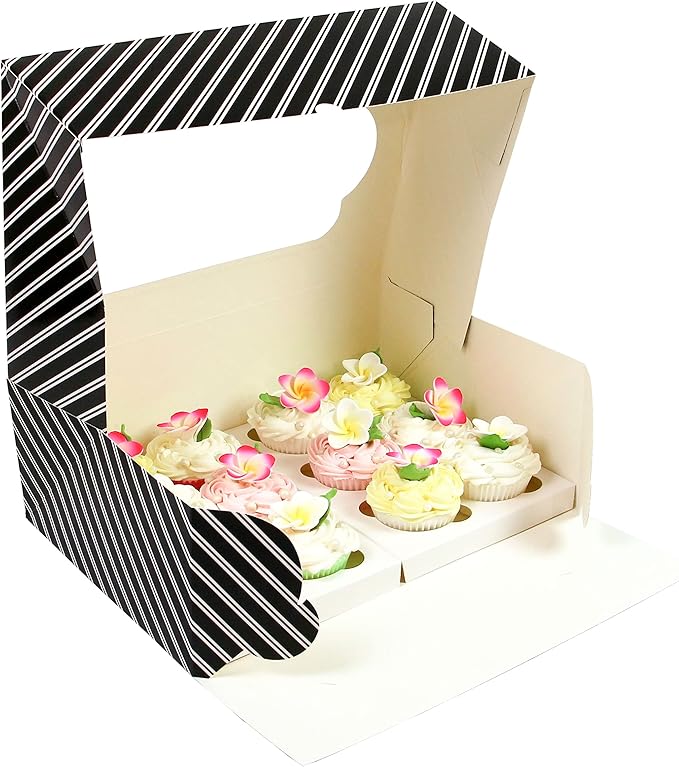Global Sugar Art Popup Quarter Sheet Cake & 12 Cupcake Box with Window and Cupcake Insert, Black and White Stripe 14 x 10 x 4 Inches, 5 Count. For 9 x 13 sheet cakes, cookies, pastries, desserts.