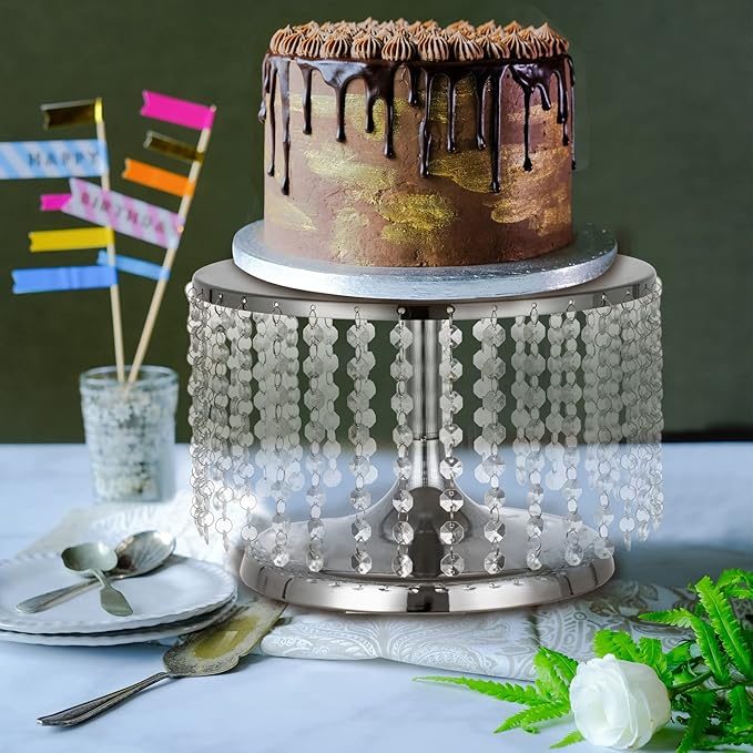 LANLONG Cake Stand for Dessert Table 12 Inch Silver Crystal Pendants Metal Cake Stand Serves as A Round Dessert Cupcake Display Plate for Table, Wedding, Party, Event