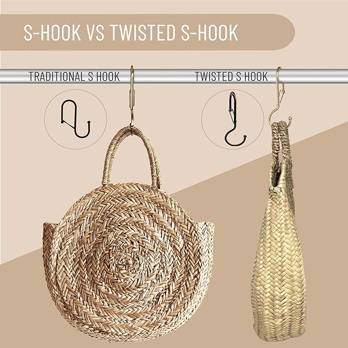 6 Purse Hanger for Closet. Tote Hanger. S-Shaped Hooks S Hooks Twist Design. Anti Drop S-Shaped Hook for Hanging Handbags with Safety Buckle to Prevent Falls. Heavy Duty. (Gold, Twisted)