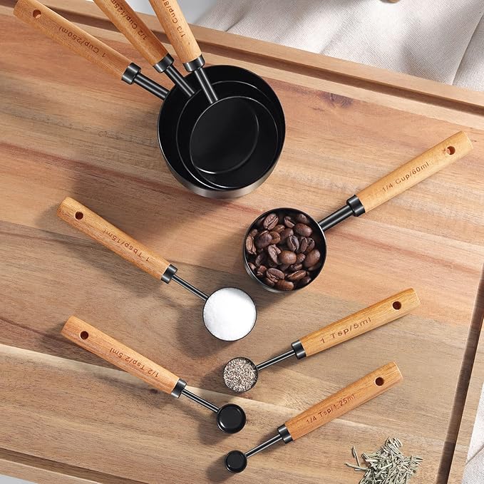GuDoQi 8pcs Measuring Cups and Spoons Set Wood Handle Golden Stainless Steel Measuring Cups and Spoons，Measurements, US Measurements Dry & Liquid Kitchen Measure Set for Cooking and Baking, Black