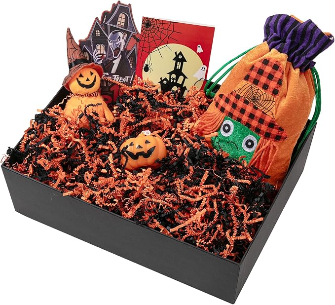 Mefleet 1 LB Halloween Crinkle Cut Paper Shred Filler Black & Orange Crinkle Shredded Paper for Gift Basket - Gift Box Bag Filler - Grass Cushion Stuffing for Halloween Packaging Wrapping