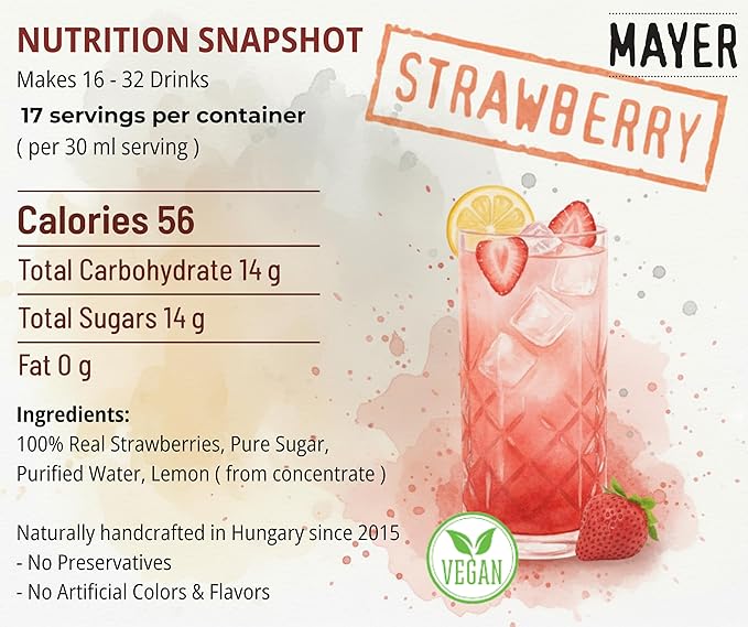 Mayer Premium Hungarian Strawberry Syrup - Award-Winning Artisanal Fruit Syrup, All-Natural, Over 50% Real Fruits, Vegan, Gluten-Free – Perfect Coffee Syrup, Cocktails & Dessert Topping (2 Pack)