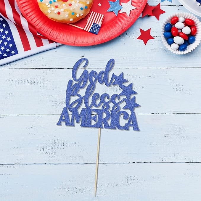 1Pc God Bless America Cake Topper Blue Glitter Independence Day Cake Decorations for USA Patriotic Happy 4th of July American National Day Party Supplies