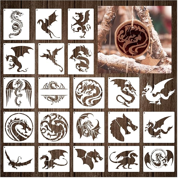 20 Pieces Dragon Stencils Template Reusable Mylar Craft Stencils for Painting on Wood Canvas Walls Decorations DIY Projects (20 Dragon)