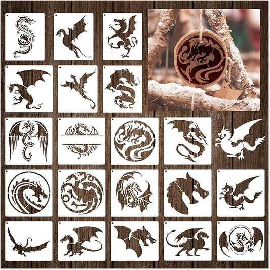 20 Pieces Dragon Stencils Template Reusable Mylar Craft Stencils for Painting on Wood Canvas Walls Decorations DIY Projects (20 Dragon)