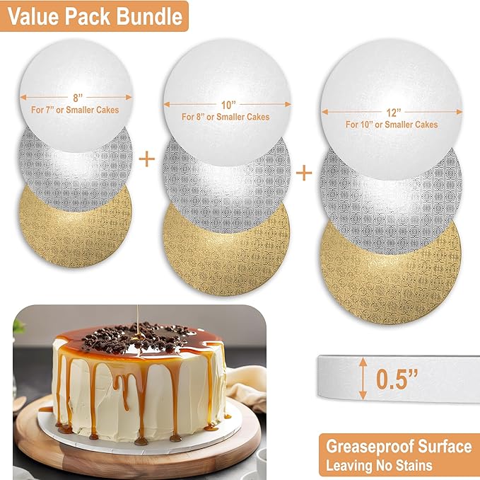 BOARDS+ 9 Pack Cake Drums 8, 10 & 12 Inch in White, Silver & Gold Color | 1/2" Thick CakeBoard Circle Rounds + Free Prop Up Tools | Fully Greaseproof, Sturdy for Heavy/Tiered Cakes
