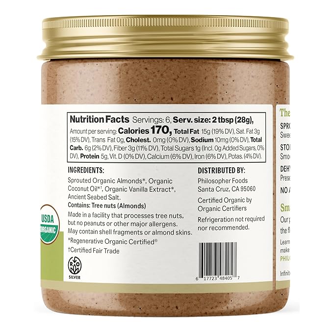 Philosopher Foods - Organic Creamy Alchemy Sprouted Almond Butter - 6 oz - Stone Ground Regenerative Organic Crunchy Almond Nut Butter No Sugar Added