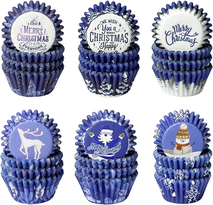 qiqee Christmas Cupcake Liners Mini 300PCS Gradient Bue Cupcake Cups 6 Designs Cupcake Papers Baking Cups Wrappers For Holiday Party Supply (Small Size)