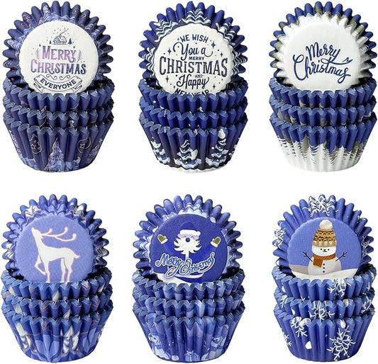 qiqee Christmas Cupcake Liners Mini 300PCS Gradient Bue Cupcake Cups 6 Designs Cupcake Papers Baking Cups Wrappers For Holiday Party Supply (Small Size)